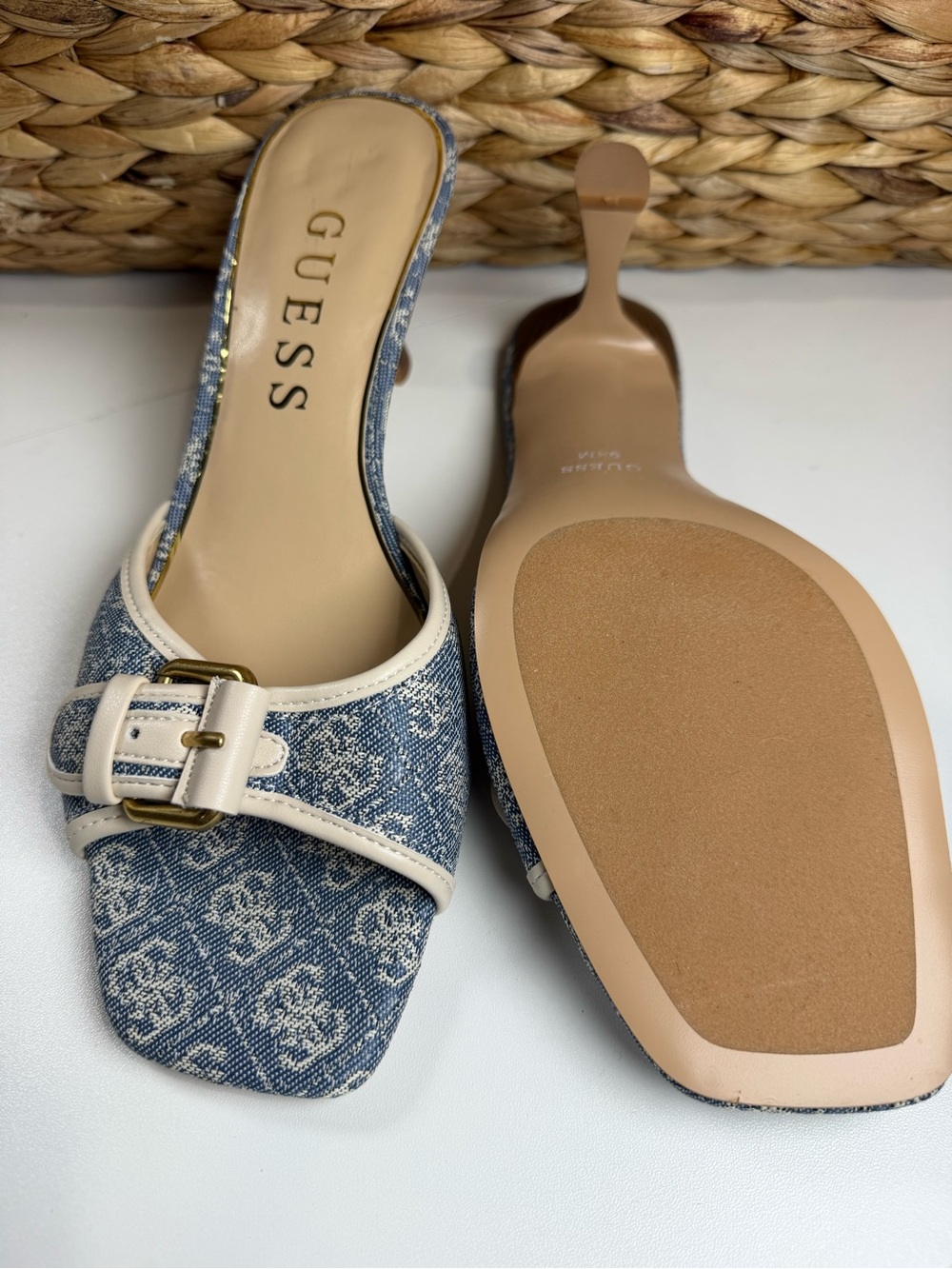 GUESS Denim Logo Buckle Slip-On Mules in Blue and Cream - Picture 7 of 7
